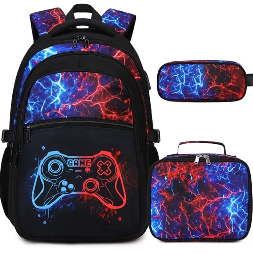 DIGOBAY Boys Backpack for School, 3PCS Cool Luminous Gamer Backpack for Boys with Lunch Box Pencil Case, Kids Backpacks Bookbag for Teen Boy Elementary Middle High School with USB Charging Port - color: Bluered