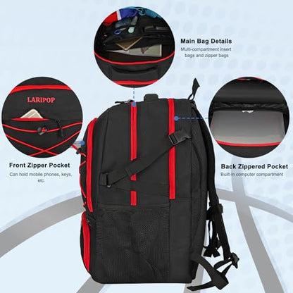 LARIPOP Basketball Backpack Large Basketball Bag with Ball Holder & Shoe Compartment for Adults Men Women - color: Red