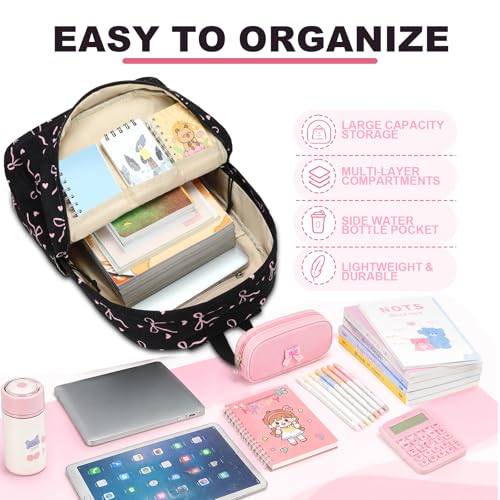 LEDAOU School Backpack for Teen Girls Elementary Middle School Bookbag Kids Backpacks Women Laptop Backpack Travel Daypack (Bow Tie Black) - color: A-bow Tie Black