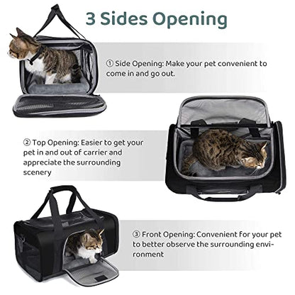 Wakytu TSA Approved Pet Carrier for Small Medium Cats and Dogs | Dog Carrier with Adequate Ventilation | 4 Mesh Windows, 3 Entrance, Locking Safety Zippers, Padded Shoulder Strap, Black - color: 1.0 Black, size: 17.7"L x 11.0"W x 8.3"H