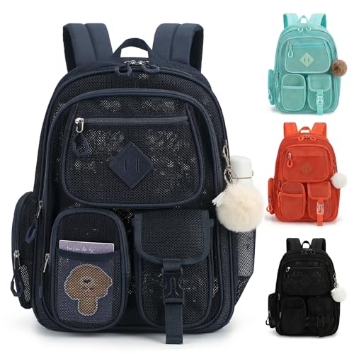 Mesh Backpack Heavy Duty, Semi-Transparent Bag for Women Girls Boys Adults, Large Capacity Bookbag with Padded Straps for School Beach Swimming Sports Travel Work-Navy Blue - color: Navy Blue