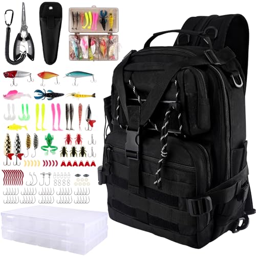 139PCS Tackle Box Backpack,Fishing Backpack with Accessories,Tackle Bag Fishing Tool Kit Fish Pliers Salt Water Fishing Tackle Set for Men Women Gifts (Black) - color: Black