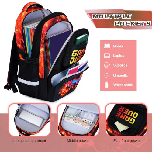 Scothen 3PCS Boys Backpack Set, Cool Backpack for Boys with Lunch Bag & Pencil Case, Kids School Bag Teen Boy Bookbag for Kindergarten Elementary Middle School with USB Charging Port - color: Red Flame