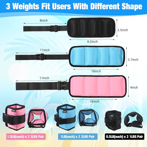 Arrowbash 3 Pairs Ankle Weights for Men Women 0.5lb/1lb/1.5lb Adjustable Swimming Ankle Wrist Weights Bands Set for Pool Aqua Cuffs Aerobics Fitness Jogging Walking Running Yoga - color: Pink Blue Black