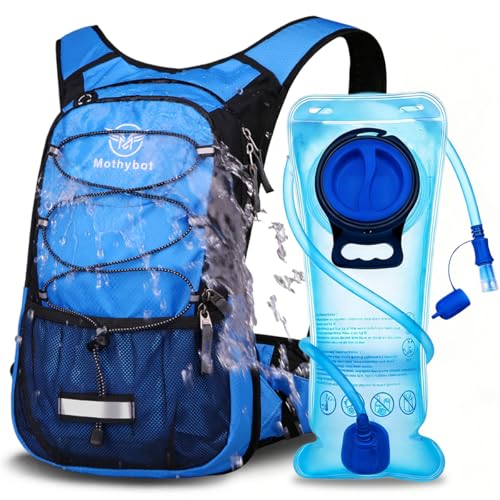 Mothybot Hydration Pack, Insulated Hydration Backpack with 2L BPA Free Water Bladder and Storage, Hiking Backpack for Men, Women, Kids for Running, Cycling, Camping - Keep Liquid Cool up to 5 Hours - color: Blue