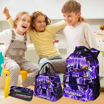 UNIKITTY Boys Football Backpack Set, Personalized School Backpack with Lunch Box & Pencil Case; 17 Inch Large Capacity Football Bookbag, Water Resistant for Kids Teens Elementary & Middle School - color: Purple