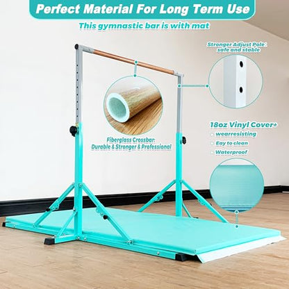 Marfula Gymnastic Bar For Kid and Teenage of 3-25, 5Ft/8 FT Base Length 4Ft Width 5Ft Adjust Height, Gymnastic Kip Bar For Gymnast, Gymnastic Training Equipment For Professional Training Home Club Use - color: Bar With Mat-Cyan (5 Ft Base)