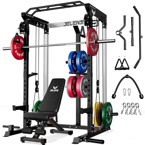 JELENS C21 Power Cage, 2000LBS Multi-Function Power Rack with Independent Dual Pulley System, All-in-One Squat Rack for Cable Crossover, Home Gym Workout Machine - color: Black, size: 370LBS Colored Weights Package