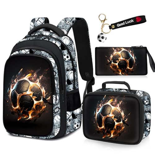School Backpack for Boys - 4pcs Soccer Boys Backpack with Lunch Box Set for Kids Children Teens Elementary Middle School - 17″ Sport Bookbag Travel Back Pack for Age 6-18 - color: Soccer Backpack08 Set
