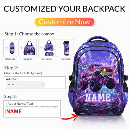 Personalized Backpacks Boys School Backpack for Kids Teen Truck Lovers, Custom Large Capacity Car Bookbag for Students Travel Camping Casual - color: Purple