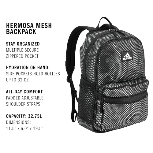 adidas Hermosa Mesh See-Through Backpack – Festival Concert Stadium Beach Bag, 29L, Black/White/2, OSFA - color: Black/White/2