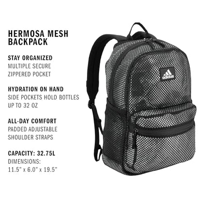 adidas Hermosa Mesh See-Through Backpack – Festival Concert Stadium Beach Bag, 29L, Black/White/2, OSFA - color: Black/White/2