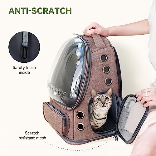 Cawypety Cat Backpack Carrier, Breathable Cat Carrier Large Space Bubble Pet Backpack for Kitty Small Dog up to 15lbs, Transparent & Foldable Pet Carrier for Travel Hiking - color: Khaki