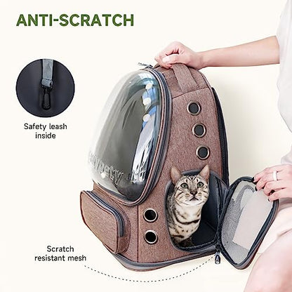 Cawypety Cat Backpack Carrier, Breathable Cat Carrier Large Space Bubble Pet Backpack for Kitty Small Dog up to 15lbs, Transparent & Foldable Pet Carrier for Travel Hiking - color: Khaki