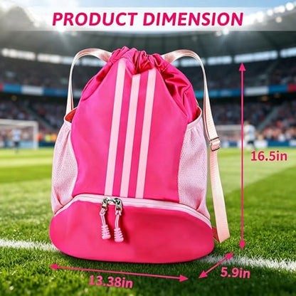 Soccer Bag, Youth Soccer Basketball Bag with Compartments Drawstring Backpack for Football Volleyball Gym Training (Pink) - color: Pink
