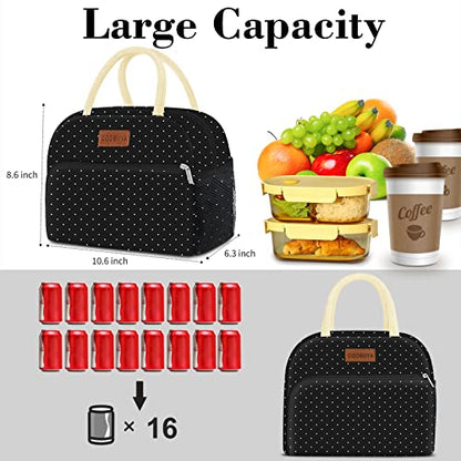 Coobiiya Lunch Bag Women,Lunch Box LunchBag for Women Adult Men, Small Leakproof Cute Lunch Tote Large Capacity Reusable Insulated Cooler Lunch Container for Work/Office/Picnic/Travel-Black Polka Dot - color: Dot