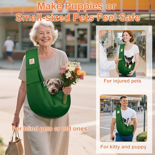 Tomkas Small Dog Cat Sling Carrier Puppy Purse Travel Wrap Soft Crossbody Pet Bag (Emerald Green, M - Zip Pocket & Adjust Strap) - color: Emerald Green
