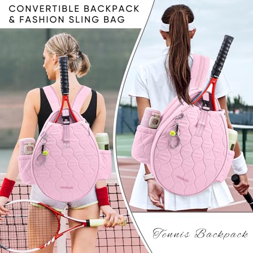Quilted Tennis Bag for Women – Tennis Backpack & Crossbody Sling | Holds 2 Rackets or 3 Pickleball Paddles | Lightweight Badminton Racket Bag, Tennis Tote & Sports Backpack - color: Pink
