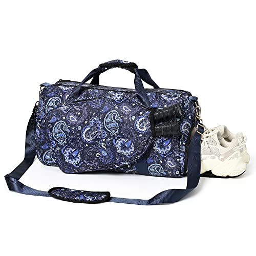 Boulder Bee Pickleball Tote Bag for Women with Paddle Holder - color: Blue cashew flower-Duffel Bag