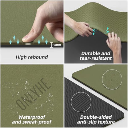 Wide Yoga Mat Thick(10mm) Exercise Mat Non Slip Anti-tear,72"x35" Extra Large Pilates Mats for Home Workouts, Gym & Floor Stretching with Carrier Strap - color: Dark green + Black
