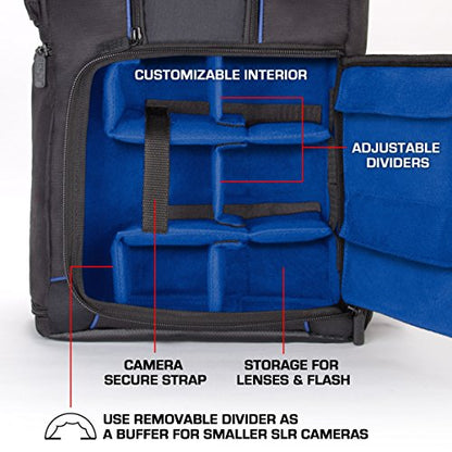 USA Gear Camera Backpack for Photographers DSLR/SLR/Mirrorless Camera Bag with Laptop Slot, Rain Cover, Tripod Holder - color: Blue