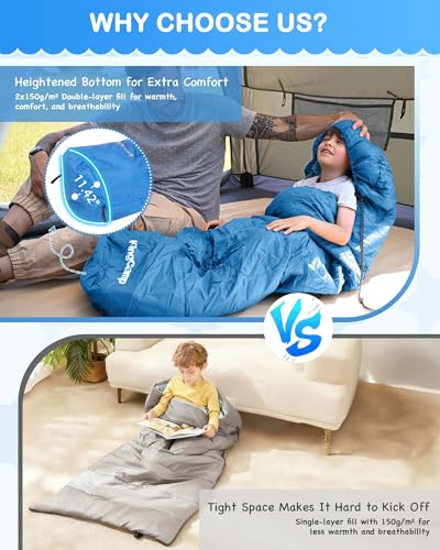 KingCamp 45°F Kids Sleeping Bag, Lightweight Waterproof & Compact Flannel Sleeping Bags Cold Weather & Warm Youth Essentials Gear Accessories for Camping, Fits 10-12 Children up to 4'7"-5'5" Tall - color: Mummy 8.6°F ~42.8°F Blue