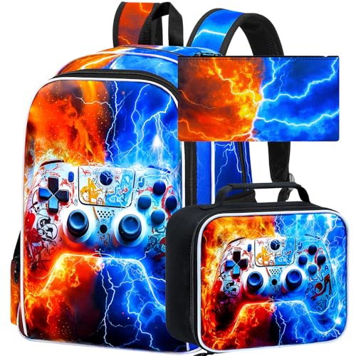 AGSDON 3PCS Game Console Backpack for Boys, 17" Kids Bookbag with Lunch Box for Boy, Flame Thunder Backpacks Water Resistant and Lightweight for Teen - color: Game