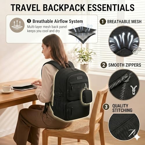 LOVEVOOK Laptop Backpack, 15.6" Carry On Airline Approved, Personal Item Bag Meets FAA Size, Trolley Sleeve Slides Over Suitcase, Waterproof Daypack for Travel College with Mini Pouch - color: Black, size: 15.6 Inch