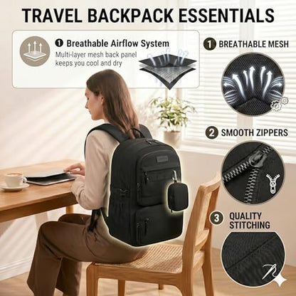 LOVEVOOK Laptop Backpack, 15.6" Carry On Airline Approved, Personal Item Bag Meets FAA Size, Trolley Sleeve Slides Over Suitcase, Waterproof Daypack for Travel College with Mini Pouch - color: Black, size: 15.6 Inch