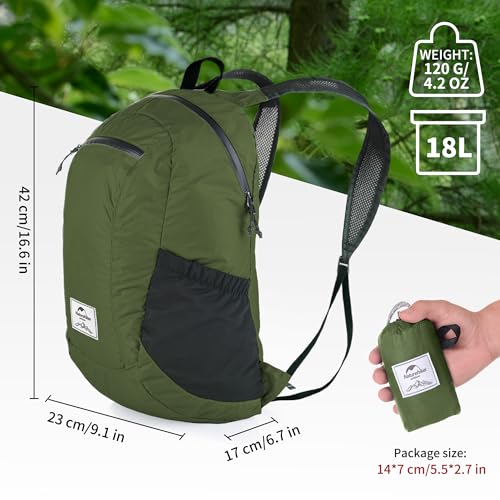 Naturehike 18L Lightweight Hiking Daypack, Waterproof Camping Packable Backpack Ultralight for Travel, Airplane, Adults - color: Pine Green