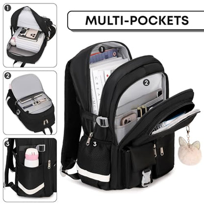 3PCS School Backpack For Student Women College Middle High Teen Girls Bookbag Waterproof Laptop Bag Black - color: Black