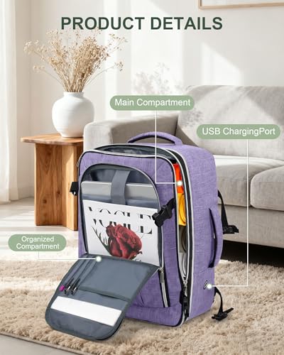 Travel Carry On 17.5" Laptop Expandable Backpack for Men Women, Personal Item Bag Waterproof Airline Approved with USB Charging Hole 3 Packing Cubes, Large Weekender Daypack Business Luggage Suitcase - color: Purple, size: Expandable