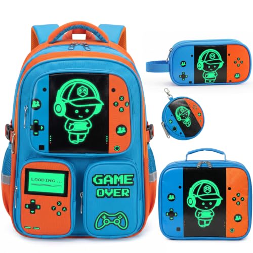 Boys Backpack, Luminous Gamer Backpack for Boys with Lunch Box,Pencil Case and Coin Puese,Kids Schoolbag Bookbag for Teen Boy Elementary Middle High School Travel(Blue-Orange) - color: Blue-orange
