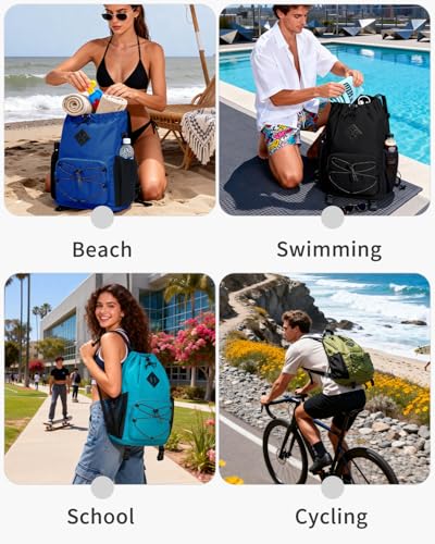 WANDF Drawstring Backpack with Removable Wet Pocket, Sandproof Beach Backpack with Bottom Compression Strap for Beach Mat, Swim Bag for Pool, Gym, Travel and Workout Gear (Black) - color: Black
