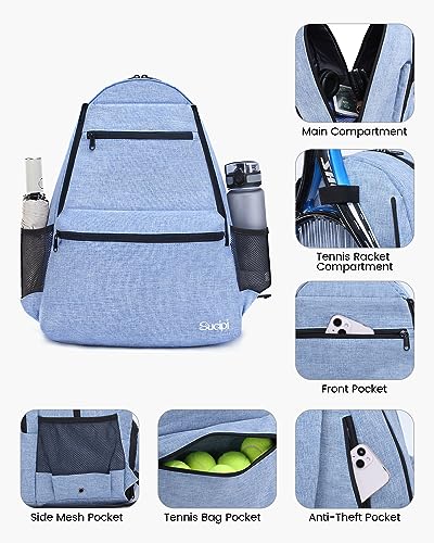 Sucipi Tennis Bag Professional Tennis Backpack for Men and Women Racket Bags Holds 2 Rackets with Ventilated Shoe Compartment - color: Blue with Shoes Compartment
