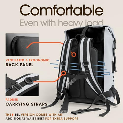 Earth Pak Waterproof Backpack - Heavy Duty Hiking Backpack - Roll-Top Closure Bag - Cushioned Dry Bag Waterproof Phone Case - color: Grey, size: 55L