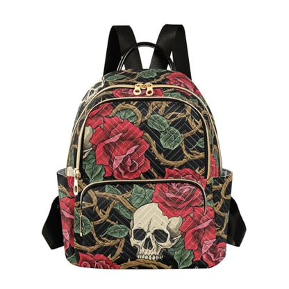 susiyo Gothic Rose Skull Pattern Backpack for Women Red Black Gold 10L Bag Halloween Romantic Ladies Backpacks Travel Casual Daypack - color: Red Black Gold, size: Small