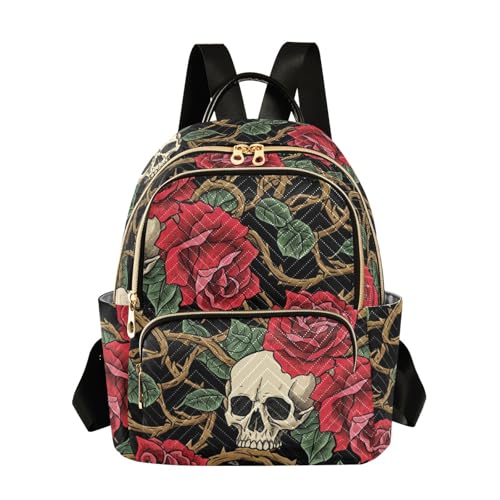 susiyo Gothic Rose Skull Print Backpack for Women Red Black Gold 14L Bag Romantic Halloween Ladies Backpacks Travel Casual Daypack - color: Red Black Gold, size: Medium