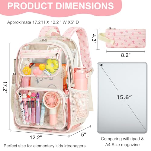 Bluboon Clear Backpack Heavy Duty Kids Boys Clear Bookbag See Through Backpacks with Pencil Case for College Work - color: Pink Bow 212-pink