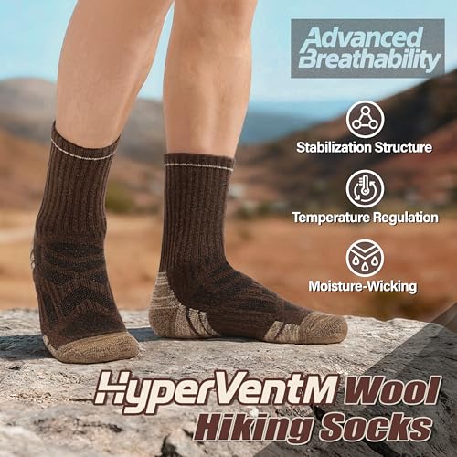 ANTSANG Merino Wool Hiking Socks, Enhanced Breathability, Targeted Cushion Thermal Socks for Men and Women, 5 Pairs - color: Gray/Brown, size: Large