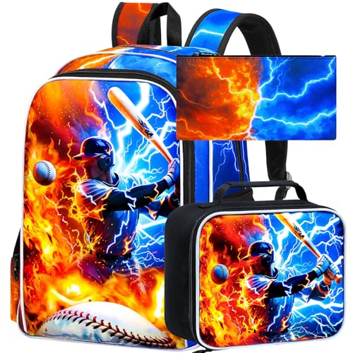 AGSDON 3PCS Boys Backpack for Boys, 17" Kids Bookbag with Lunch Box for Boy, Baseball Flame Thunder Backpacks Water Resistant and Lightweight for Teen - color: Baseball 01