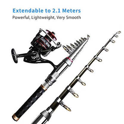Fishing Pole Kit, Carbon Fiber Telescopic Fishing Rod and Reel Combo with Spinning Reel, Line, Bionic Bait, Hooks and Carrier Bag, Fishing Gear Set for Beginner Adults - size: 6.89FT/2.1M
