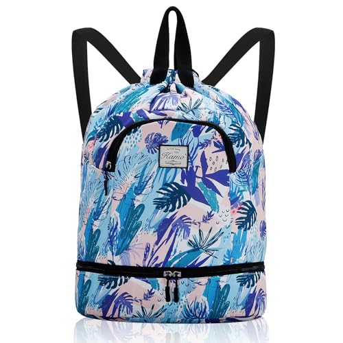Kamo Drawstring Backpack Bag - Sport Swimming Yoga Backpack with Shoe Compartment, Two Water Bottle Holder for Men Women Large String Backpack Athletic Sackpack for Travel - color: Blue-purple Leaves