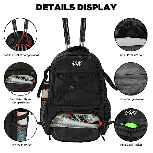 WOLT Tennis Bag - Large Tennis Racket Backpack for Men & Women - Ventilated Shoe Compartment - Holds 2 Rackets - color: Black