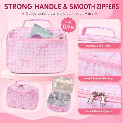 LEDAOU Lunch Box Kids Insulated Lunch Bag Girls Boys Toddler Reusable Lunchbox for School Picnic Hiking (Checkered-Pink Bow) - color: Checkered-Pink Bow