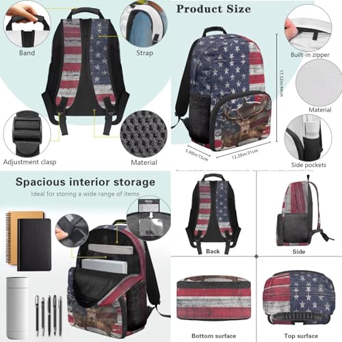 3PCS Backpack for Boys Girls Teens, 3 in 1 Flag Deer Lightweight 17 Inch School Backpack with Lunch Box Pencil Case for Middle High Students - color: Flag Deer