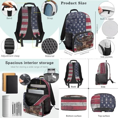 3PCS Backpack for Boys Girls Teens, 3 in 1 Flag Deer Lightweight 17 Inch School Backpack with Lunch Box Pencil Case for Middle High Students - color: Flag Deer