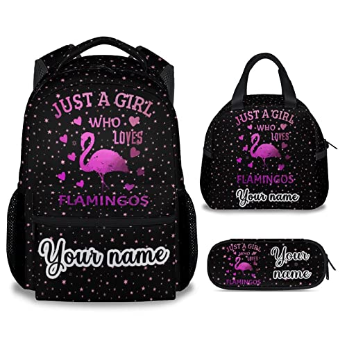 Personalized Flamingo Backpack with Lunch Box - Set of 3 School Backpacks Matching Combo - Cute Pink Bookbag and Pencil Case Bundle - color: Color-4-3