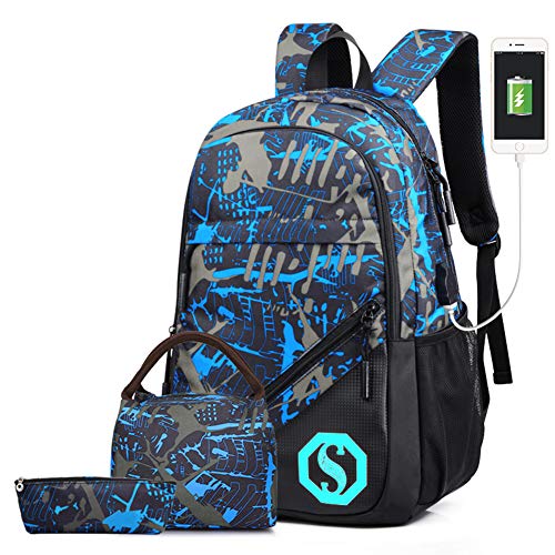 School Backpack for Boys, 14 Inch Laptop Backpack with USB Charging Port, Anti-theft Lock, Lunch Bag & Pencil Case, Lightweight Water Resistant Bookbag Daypack - style: Boy-blue