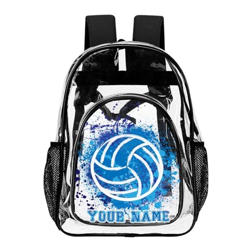 Custom Volleyball Clear Backpack Heavy Duty for Girls Kids Boys | Large Cool PVC Volleyball Theme Printing Transparent Backpacks for Schools Stadium Concerts Work - Clear/Black - color: Volleyball Clear Backpack 2 Black With Front Pocket Custom